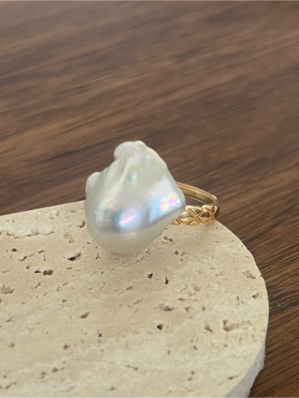 NEW Gold Band Baroque Pearl Ring - White Pearl